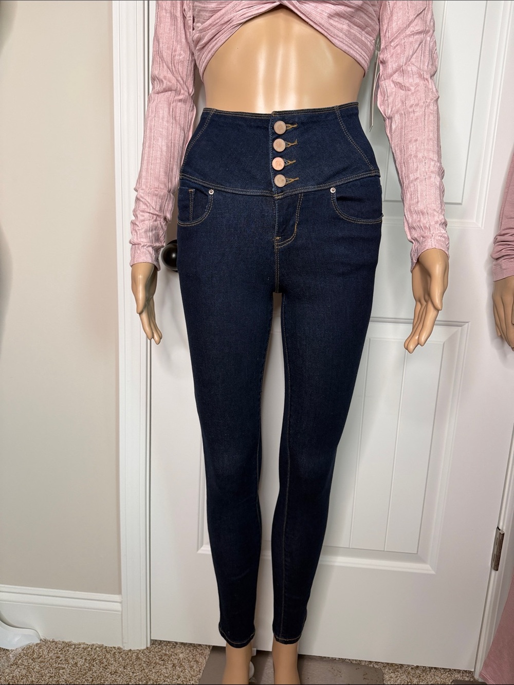 Fashion Nova High-Rise Button-Front Skinny Jeans in Dark Blue